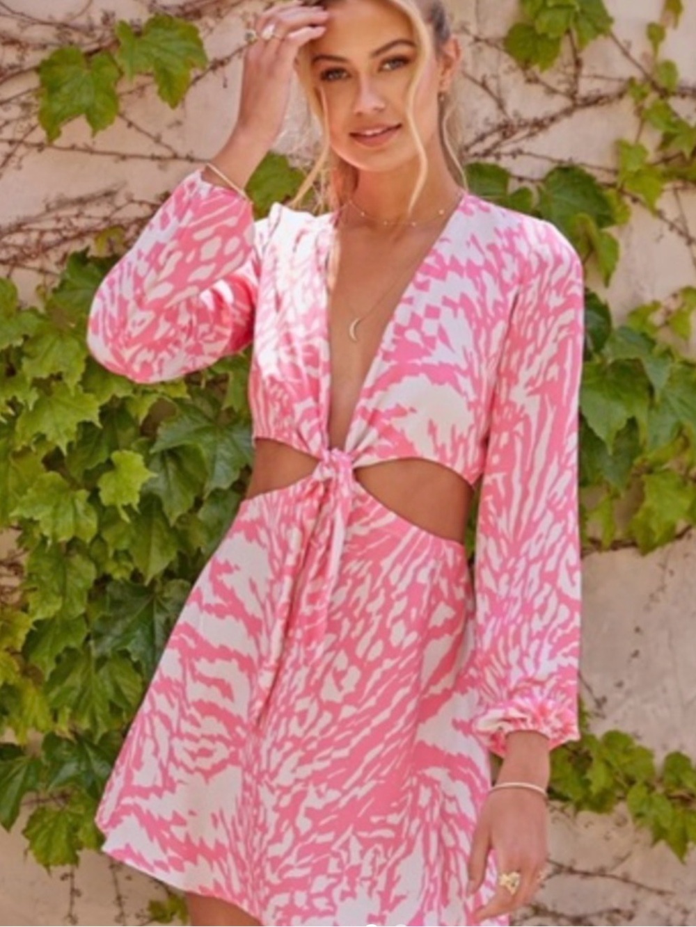 RESA Jojo pink & White Tie-Front Cutout Mini Dress